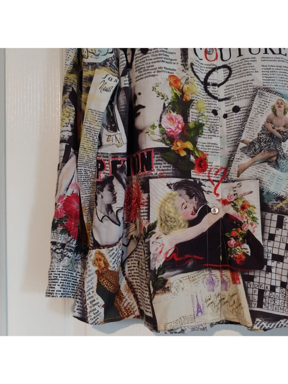 John Mark Oversize Blouse Haute Couture Newspaper Print Art Interesting L - Picture 5 of 11